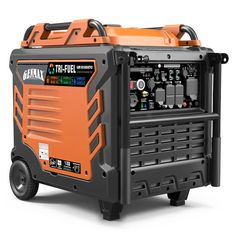 an orange and black portable generator on wheels