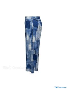 Orcajump - Plus Size Y2k Pants, Women's Plus Denim Print Elastic Waist Medium Stretch Wide Leg Baggy Trousers Blue Stretch Y2k Style Bottoms, Blue Stretch Y2k Bottoms, Stretchy Y2k Blue Bottoms, Y2k Stretch Blue Bottoms, Stretch Blue Y2k Bottoms, Blue Y2k Full-length Bottoms, Blue Y2k Full Length Bottoms, Blue Stretch Y2k Pants, Y2k Medium Wash Cotton Bottoms