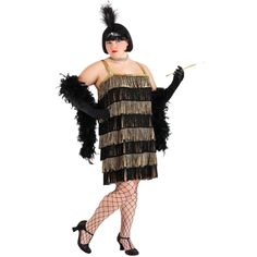 The Plus Size Gold and Black Fringe Flapper Dress Costume for WomenThe Roaring 20s is one of the most popular costume themes when it comes time for a costume party. And that's why we're proud to offer this Women's Plus Size Flapper Dress as a part of our Made by Us costume selection. Throwbacks and retro themes are one of our favorite party go-tos, which is why our team tackled this stunning design. Artfully and expertly crafted by our own talented artists, designers, and developers, this costum Gold Flapper Costume, Plus Size Flapper Costume, Plus Size Flapper, Honey Costume, Plus Size Flapper Dress, Decades Costumes, 20s Costume, Gold Flapper, Gangster Costumes