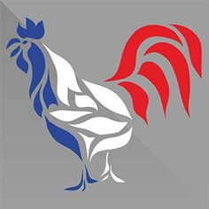 a rooster with red, white and blue colors on it's head is standing in front of a gray background