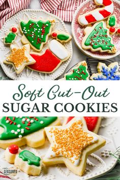 soft cut - out sugar cookies with christmas decorations on them and the title overlay reads soft cut - out sugar cookies