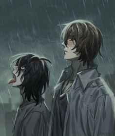 two anime characters standing in the rain