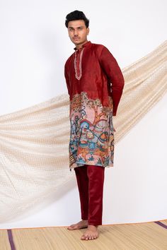 Maroon full sleeves kurta with artistic Sena Kalamkari print and zardozi embroidered highlights on the placket. Paired with a pant. - Aza Fashions Designer Silk Kurta With Digital Print, Silk Kurta With Traditional Patterns For Eid, Bollywood Style Silk Kurta With Digital Print, Fitted Traditional Wear With Printed Motifs And Long Sleeves, Fitted Long Sleeve Traditional Wear With Printed Motifs, Traditional Long Sleeve Salwar Kameez With Printed Motifs, Festive Silk Kurta With Digital Print, Festive Salwar Kameez With Printed Motifs And Long Sleeves, Traditional Wear With Digital Print For Festivals