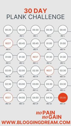 the 30 day plank challenge is shown in red and white