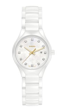 Reimagined for modern wearers, redesigned, but reliably and distinctively Rado, the True is a perfect, polished package with the added allure of diamonds. It will keep its shine for years to come while also offering lightness and wearer comfort. This is True. Rado Watch, Woman Watches, Jewelry Questions, Water Resistant Watch, Jewelry Advice, Ceramic Watch, White Watch, Crystal Watches, Womens Watches Luxury