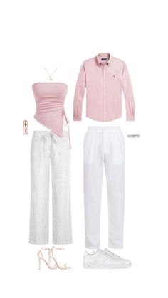 Pink And White Mens Outfit, Couple Fit Ideas, Couple Fits Matching, Couple Pink Outfits, Couples Fits Matching, Pink And White Outfit Men, Couple Outfit Ideas Casual, Pink Couple Outfit, Matchy Outfit Couple Casual