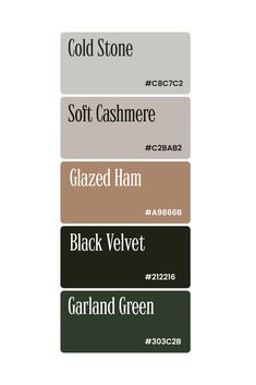 some type of font that is in different colors and sizes, with the words cold stone soft cashmere glazed ham black velvet garland green