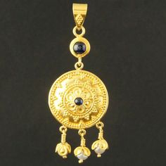 Etruscan Solid 22K Gold Filigree, FW Pearl & Sapphire Cabochon Dangle Pendant   | eBay Santa Rosa California, Filigree Pendant Necklace, Cameo Pendant Necklace, Gold Jewelry Outfits, Sapphire Cabochon, Silver Clay, Antique Jewelry Necklace, Watch Jewelry, Filigree Necklaces