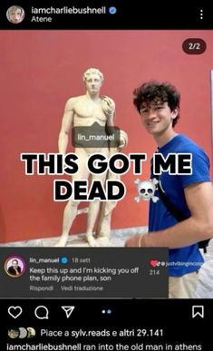 a man standing in front of a statue with the caption'this got me dead '