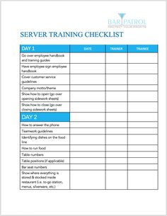 the server training checklist is shown in blue and white, with instructions for each item