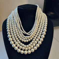 Eight Strand Statement Necklace, No Knots Between Faux Pearls Necklace Has Graduated Faux Pearls On Gold Tone Findings, Lobster Clasp Faux Pearls Sizes Strand 1 And 2 Pearls Range In Size 4.41-4.71 Mm Strand 3 And 4 Pearls Range In Size 5.67-6.67 Mm Strand 5 First 10 Pearls On Each End 6.11 Mm Range Center 31 Pearls Range 8.28-8.37 Mm Strand 6 Pearls Range In Size 7.80 Mm-8.3 4mm Strand 7 First 19 Pearls On Each End Range In Size 7.92-8.21 Mm, Center 11 Pearls 10.01-10.27 Mm Strand 8 First 12 Pe Pearls Necklace, Faux Pearl Necklace, Pearl Size, Statement Jewelry, Makers Mark, Pearl White, Necklace Set, Womens Jewelry Necklace, Lobster Clasp