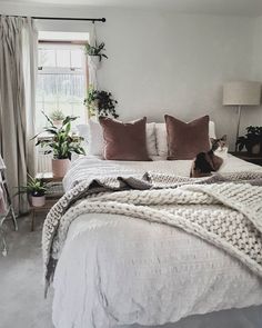 a cat laying on top of a white bed in a bedroom next to a window