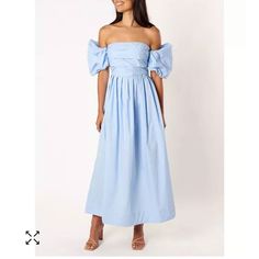 Women's Solana Off Shoulder Midi Dress Petal And Pup Never Been Worn Size M Off-shoulder Cotton Midi Dress For Spring, Spring Light Blue Off-shoulder Maxi Dress, Light Blue Off-shoulder Maxi Dress For Spring, Light Blue Cotton Maxi Dress For Spring, Off-shoulder Ruched Cotton Dress, Cotton Off-shoulder Ruched Dress, Ruched Off-shoulder Cotton Dress, Ruched Cotton Off-shoulder Dress, Blue Cotton Ruched Maxi Dress