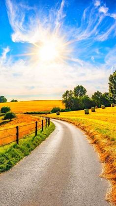 a country road with hay bales in the distance and blue sky above it, surrounded by green grass