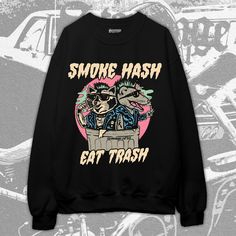 Smoke Hash Eat Trash Unisex Sweatshirt, Raccoon And Rat Smoking Weed Funny Vintage Unisex Sweatshirt. Graphic Print Crew Neck Sweatshirt, Punk Style Letter Print T-shirt For Winter, Edgy Winter T-shirt With Graphic Print, Alternative Style Crew Neck Sweatshirt With Graphic Print, Relaxed Fit Crew Neck Alternative Sweatshirt, Winter Punk T-shirt With Letter Print, Alternative Sweatshirt With Graphic Print And Crew Neck, Alternative Crew Neck Sweatshirt With Graphic Print, Band Merch Sweatshirt For Streetwear