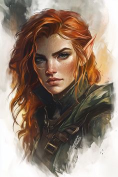 Kaelith Sendar stands with a lithe, agile form, her hybrid heritage gracefully blending elven elegance and human tenacity. Her skin possesses a soft, sun-kissed bronze hue. Her eyes, sharp and verdant like emeralds, peer beneath short, choppy bangs of fiery copper hair streaked with glints of silvery white. Her garb consists of tight, shadowy leathers intersected with slim black belts adorned with... High Elf Art, Fire Genasi Female Dnd, Short Choppy Bangs, Character Showcase, Rogue Dnd