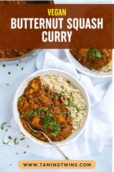 vegan butternut squash curry in a white bowl with rice and garnish