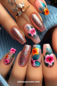 Tropical nails are perfect for summer and vacation looks. They bring a cheerful, fun, and lively vibe to your style. This post contains 27 different tropical nail ideas to brighten your look! Beach vacations, acrylic, art, pink, short, art hawaii, simple, colors, blue, almond, square, green. 27 Birthday Nails Designs, Luau Nails, Tropical Nail Ideas, Ocean Nail Art, Short Nails Summer, Hawaiian Nails, Tropical Nail Art, Hawaii Nails, Birthday Nail Designs