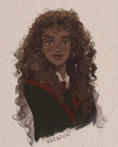 a drawing of a woman with curly hair wearing a red and black coat, looking at the camera