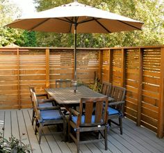 an outdoor table with chairs and umbrella on a wooden deck in the back garden area