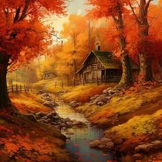 an oil painting of a cabin in the woods with autumn foliages and stream running through it