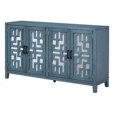 a blue cabinet with four doors and an intricate design