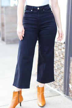 Get ready for fall and stylish layering with these tummy control high-rise wide leg crop jeans. Functional front and back pockets complete these flattering jeans with plenty of stretch. Pair with boots, sandals, heels or flats. Judy Blue Style# 88807 / JB88807 High Rise Zip Fly Control Top 4-Way Stretch Garment Dyed Wide Leg Crop 93% Cotton, 6% Polyester, 1% Spandex True to Judy Blue Sizing Note: the colored Denim from Judy Blue isn't quite as forgiving as the regular denim - if you waver betwee Mid-rise Dark Wash Wide Leg Pants For Fall, Chic Cropped Wide-leg Jeans For Fall, Chic Wide-leg Cropped Jeans For Fall, Chic Fall Cropped Wide-leg Jeans, Chic Non-stretch Dark Wash Cropped Jeans, Chic Denim Blue Wide-leg Cropped Jeans, Chic Wide-leg Cropped Jeans In Denim Blue, Versatile Jeans For Day Out, Fall Medium Wash Cropped Wide Leg Pants