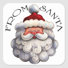 a square sticker with a santa claus face on it's head and the words,