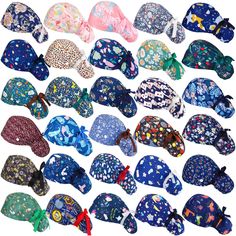 many different types of hats are shown in various colors and patterns, all with bows on them