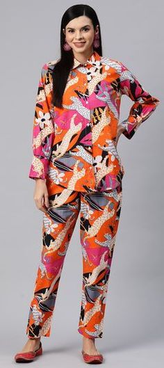 Multicolor color Co-ords Set in Cotton fabric with Printed work Multicolor Long Sleeve Sets With Printed Motifs, Orange Cotton Sets With Printed Motifs, Multicolor Long Sleeve Sets For Work, Multicolor Long Sleeve Sets For Workwear, Orange Printed Cotton Set, Long Sleeve Printed Sets For Workwear, Pink Cotton Sets Suitable For Work, Spring Cotton Sets In Multicolor Print, Spring Multicolor Print Cotton Sets