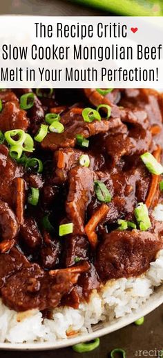 the recipe for slow cooker mongolian beef is on top of rice and green onions