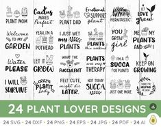 24 plant lover designs on wooden planks with the words, plants and sayings