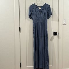 Designer Maeve By Anthropologie Color: Slate Blue Material 100% Polyester/ Lining 100% Viscose Blue Viscose Midi Dress For Brunch, Blue Viscose Dress For Brunch, Blue Flowy Viscose Midi Dress, Blue Rayon Maxi Dress For Daywear, Chic Blue Rayon Maxi Dress, Blue Fitted Rayon Dress, Blue Rayon Dress For Brunch, Blue Maxi Viscose Dress, Casual Blue Maxi Dress In Viscose