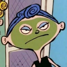 a cartoon character with a green face and blue hair wearing a black dress looking out the window