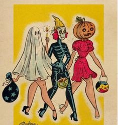 two women in halloween costumes are walking with a ghost and a pumpkin on her head