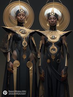 two black women dressed in gold and black clothing with large headpieces, standing next to each other