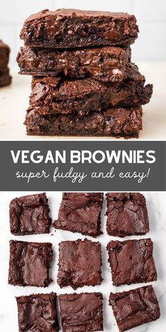 chocolate brownies stacked on top of each other with the words vegan brownies written above them