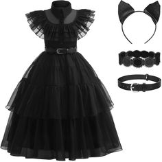 a dress and accessories are shown in black