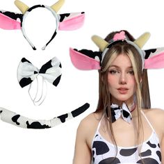 a woman wearing cow ears and headbands with horns on her head is standing in front of a white background