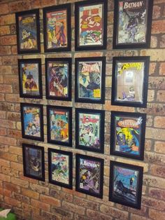 a bunch of comics are hanging on the wall