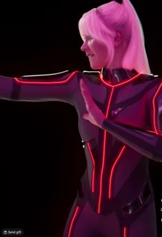 a woman with pink hair wearing a futuristic suit and holding her arm out to the side