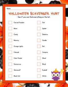 a printable halloween scavenger hunt is shown with pumpkins and blackberries