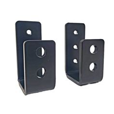 two black metal brackets with holes in them on a white background, one is facing the camera