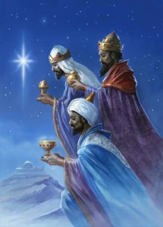 the three wise men are holding cups in their hands and looking up at the sky