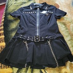 Current Mood Pleated Black Mini Dress With Chains And Studs Nwt Size Xl But Fits A Medium Masc Femme Fashion, Mall Goth Dress, Abby Ncis, Dress With Chains, Decora Kei Fashion, Japanese Fashion Harajuku, Harajuku Dress, Art Maker, Kei Fashion