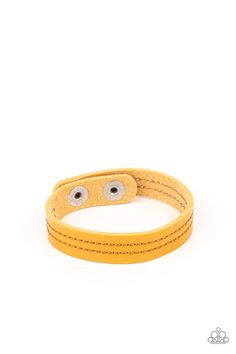 The front of a dainty yellow leather band is stitched in two linear rows, creating a colorfully rustic centerpiece around the wrist. Features an adjustable snap closure.

 Sold as one individual bracelet. Colorful Centerpieces, Paparazzi Accessories Jewelry, Faux Leather Bracelets, Yellow Bracelet, Pink Jewels, Mobile Boutique, Rustic Centerpieces, Yellow Jewelry, Snap Bracelets