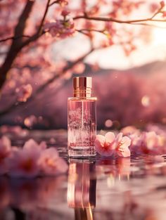 a pink perfume bottle sitting on top of a table next to some water and flowers