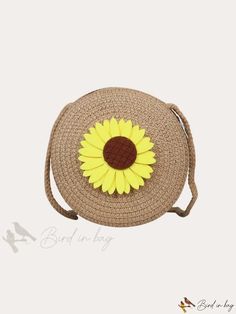 Bird in Bag - Womens Decorative Round Straw Woven Body Beach Bag with Knitted Shoulder Strap Types Of Flowers, Bird In Bag, Bag Bag, Color Khaki, Beach Bag, Straw Bag, Straw, Shoulder Strap, Flowers