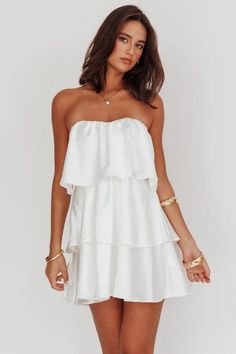 Shop the Behati Tiered Layer Strapless Dress White | Selfie Leslie Selfie Leslie, Phi Mu, Layered Design, Layers Design, Dress White, Sweetheart Neckline, Strapless Dress, White Dress, Prom