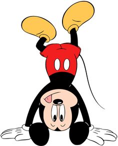 mickey mouse is upside down on the ground with his hands up and eyes wide open